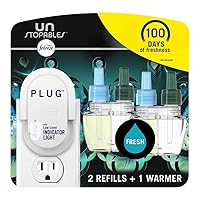 Febreze Air Freshener Plug In, Wall Diffuser, Plug in Air Fresheners for home, Unstopables Fresh Scent, Odor Fighter for Strong Odors, 1 Warmer + 2 Oil Refills