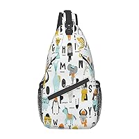 Cute Cartoon Animal Alphabet Sling Backpack, Multipurpose Travel Hiking Daypack Rope Crossbody Shoulder Bag