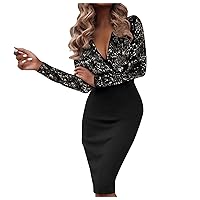 Women's Elegant Deep V-Neck Long Sleeve Sexy Club Party Work Business Bodycon Casual Basic Solid Color/Sequin Patchwork/Floral/Leopard Print Wrap Pencil Midi Dress(B Brown M)