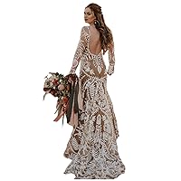 Women's Western Wedding Dress with Train 2 Pieces Long Sleeves Floral Lace Sheath Country Bridal Gown for Bride