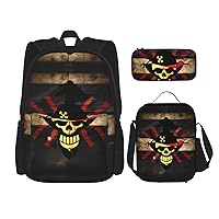 3-In-1 Backpack Bookbag Set,Pirate Flag Print Casual Travel Backpacks,With Pencil Case Pouch, Lunch Bag