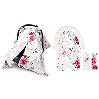 Floral Car Seat Cover & Car Seat Head Support for Baby, Peekaboo Opening Minky Carseat Canopy for Newborn