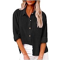 Womens Cotton Button Down Shirt Solid Casual Long Sleeve Tops Loose Fit Collared Linen Work Blouse Tops with Pocket