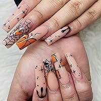 Press On Nails Long Coffin Pumpkin Trick or Treat Spider Web Halloween Fake Nails Acrylic Luxury False Nail Tips Kit Glue on Nails for Women