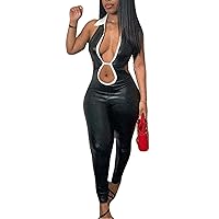 Womens Sexy Lapel Sleeveless Solid Color Backless Slim Casual Jumpsuit Rompers