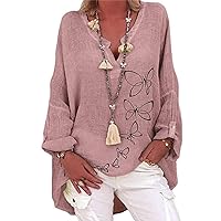 Plus Size Tops for Women Full Sleeve Outdoor T Shirt for Women Plus Size Spring Classic Printed Tee Soft V Neck Buttons Loose Top Woman Pink Womens Shirts Dressy Casual Medium