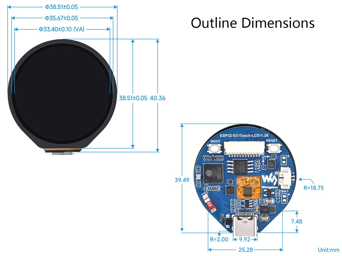 ESP32-S3 MCU Board with Onboard 1.28inch Round Touch LCD and 6-Axis Sensor etc, 32-bit LX7 Dual-Core Processor, Supports 2.4GHz Wi-Fi (802.11 b/g/n) and Bluetooth® 5 (LE), Type-C Port