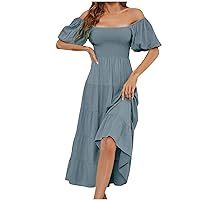 Maxi Dresses for Women 2024 Summer Flutter Sexy Off Shoulder Long Dress Smocked Tiered A Line Flowy Beach Party Dress