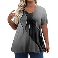Plus Size Polyester V Neck Top Womens Work Printing Trendy Short Sleeve Blouses Soft Print Shirts Ladies Dark Gray
