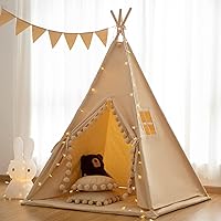Teepee Tent for Kids Tent Indoor with Floor Mat,Carry Bag,Banner,Play Cottage with Star Light, Cotton Canvas Kids Teepee Tent for Girls & Boys, Pompom Ball Design, Foldable Teepee Tent for Kids