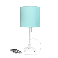 LT1144-AOW Sleek and Slender White Table Lamp with Charging Outlet, for Bedroom, Living Room, Entryway, Office, Dining Room, Study, Aqua Shade