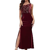 BeryLove Womens Velvet Dress Sparkly Glitter One Shoulder Party Club Dress Maxi Sequin Cocktail Dresses