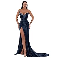 Strapless Prom Dresses for Women 2024 Mermaid Pleated with Hight Slit Beaded Evening Gowns Formal
