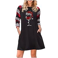 Women's Christmas Dress Print Long Sleeve Tunic Dresses Pockets Plus Size T-Shirt Dress, S-4XL