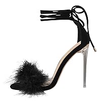 Richealnana Women's Fuzzy Strappy Wrapped Artificial Feather Clear Heeled Sandals