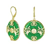 Asian Style Dangle Circle Round Donut Good Fortune Green Jade Butterfly Disc Drop Statement Earrings For Women 14K Gold Overlay .925 Sterling Silver Lever Back