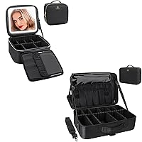 Relavel Makeup Bag with LED Mirror & Large Makeup Case, Travel Train Case Cosmetic Bags Brush Organizer Storage Box with Adjustable Dividers