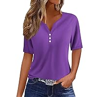 Womens Button V Neck Tshirt Summer Casual Basic Tee Tops Short Sleeve Trendy Blouse Dressy Work T-Shirt Tunics