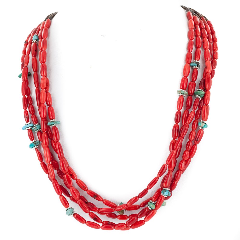 $650Tag Certified 5 Strand Silver Navajo Turquoise Coral Native Necklace 25278 Made by Loma Siiva