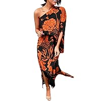 Spring Maxi Dresses for Women 2024 Wedding, Womens Floral Print One Shoulder Ruched Short Dress Butterfly Slee