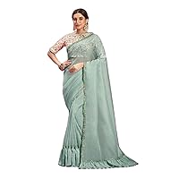 Mint Organza Sequin & flared Saree Indian wedding cocktail sari Stitched blouse 7969