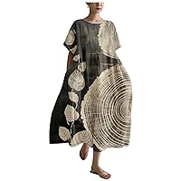 Retro Linen Dress for Women 2024 Plus Size Oil Painting Bohemia Floral Flowy Oversized Loose Fit Beach Dresses
