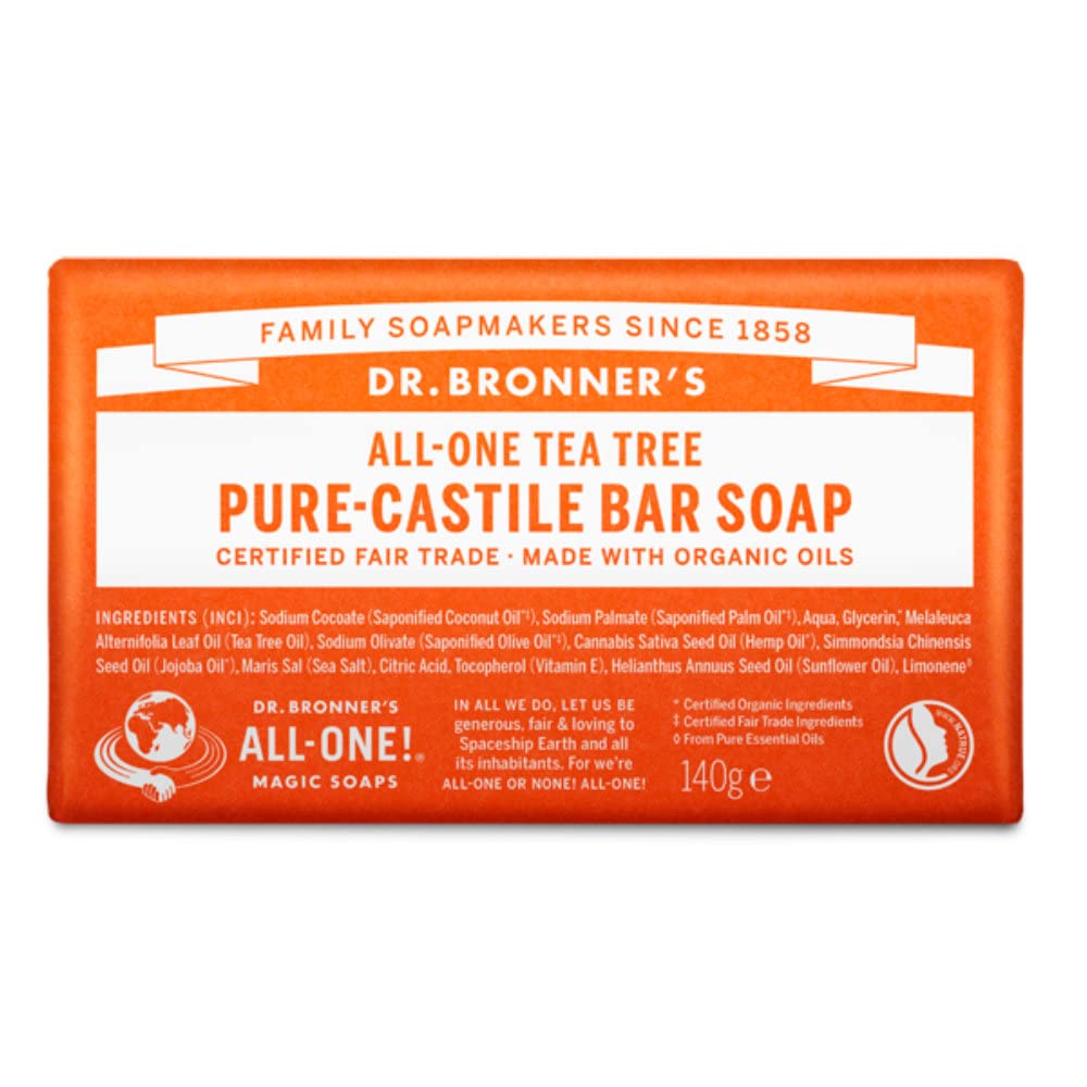 Dr. Bronner’s - Pure-Castile Bar Soap (Tea Tree, 5 ounce) - Made with Organic Oils, For Face, Body, Hair and Dandruff, Gentle on Acne-Prone Skin, Biodegradable, Vegan, Non-GMO