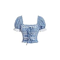 Women's Gingham Print Puff Short Sleeve Crop Tops Square Neck Lace Bow Front Shirt T Shirt