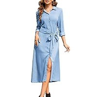 Women Long Sleeve Denim Dress Button Down Tie Waist Jean Midi Shirt Dresses