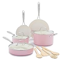GreenLife Artisan Healthy Ceramic Nonstick, 12 Piece Cookware Pots and Pans Set, Stainless Steel Handle, Induction, PFAS-Free, Dishwasher Safe, Oven Safe, Pink