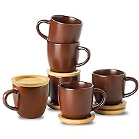 Hasense Stackable Porcelain Mini Espresso Cups and Saucers Set of 6, 4 OZ Ceramic Small Demitasse Espresso Shots Cups with Lids for Nespresso Lungo, Latte, Cafe Mocha and Tea, Brown