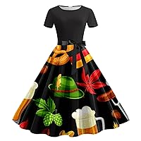 1950S Dress,Women Summer Casual Round Neck Short Sleeve Dress Removable Belt Oktoberfest Print Casual Dress Dre
