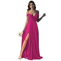 Women’s Off Shoulder Bridesmaid Dresses with Pockets Long Spaghetti Straps Pleats Formal Dress with Slit