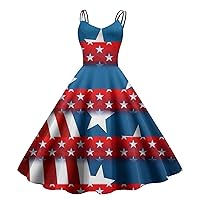 Cocktail Dresses for Women 2024,Women's Fashion Strap Casual Independence Day Democratic Freedom Print Waist W