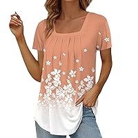 Floral Tops for Women, Women's Loose Fitting Square Neck Short Sleeved Top with Plus Size Button Down Shirts