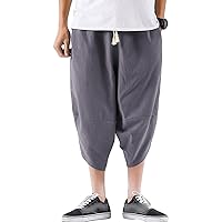 Men's Linen Harem Capri Pants Lightweight Wide Leg Baggy Harem 3/4 Pant Elastic Waist Beach Yoga Trousers