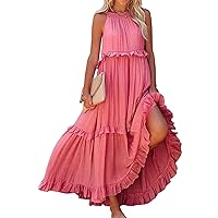 Womens Summer Sleeveless Dress Halter Tie Back Loose Flowy Ruffle Tiered Maxi Dress Beach Swing Long Dresses Sundress