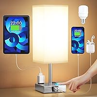 【Upgraded】Bedside Table Lamp Touch Control, with USB C+A Charging Ports & Dual AC Outlets, 3-Way Nightstand Lamp for Bedroom with LampShade Living Room Office(LED Dimmable Bulb Included)