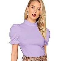 Floerns Women's Casual Frill Mock Neck Short Puff Sleeve Keyhole Back Work Office Blouse