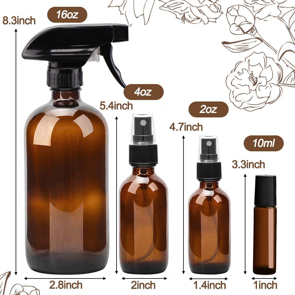 BonyTek Glass Spray Bottle Kit×10 (2×16oz, 2×4oz, 6×2oz), 9×10ml Roller Bottles, Anti UV, Multi Size and Versatile, Suitable for Aromatherapy, Facial Moisturizing, Watering, etc.(Amber)