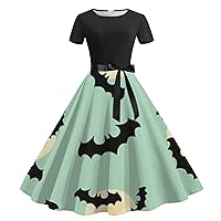 Women's Halloween Pumpkin Face Witch Hat Bat Print Cocktail Party Dress 1950s Vintage Tea Party Dresses with Belt