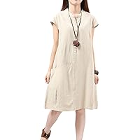 ShowLife Women's Summer Dress Casual Loose Midi Dress Short Sleeve Linen Dress