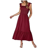 Women’s Summer Maxi Dress Square Neck Ruffle Sleeveless Smocked Dresses Flowy Tiered Casual A Line Beach Sundress Wine
