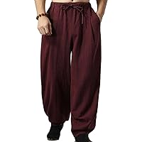 Men's Relaxed Fit Harem Pants Elastic Waist Drawstring Wide Leg Pants Linen Bloomers Loose Fit Full Length Trousers