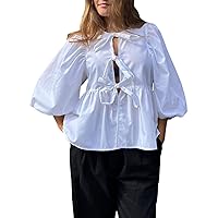 Women Y2K Puff Short Sleeve Peplum Shirts Tie Front Ruffle Hem Babydoll Blouse Tops Teen Girls Lace up Cute Summer Tops