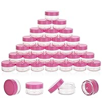 50 Count 5 Gram Sample Containers, Clear Lip Balm Containers with Lids, Small Plastic Sample Jars with 4 Mini Spoons, 50pcs Labels (Pink Lid)