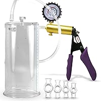 LeLuv Ultima Penis Pump - Purple Silicone Grips, Clear Hose + Protected Gauge, 4 Constriction Rings - 9