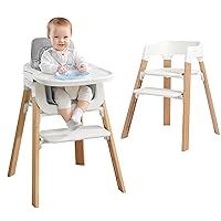 Wooden High Chairs for Babies and Toddlers, Baby Eating Chair with Tray & Removable Cushion & 4-Levels Pedal & Padded 5-Point Harness, High Chair Grows with Kid for Dining, Studying, Step Tool (Grey)