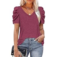 T&Twenties Womens 2023 Summer Tops V Neck Puff Short Sleeve Tunic Tops Casual Loose Fit T-Shirts