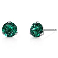 Peora Solid 14K White Gold Created Emerald Martini Solitaire Stud Earrings for Women, Hypoallergenic 1.50 Carats total, Round Shape 6mm, AAA Grade, May Birthstone, Friction Back